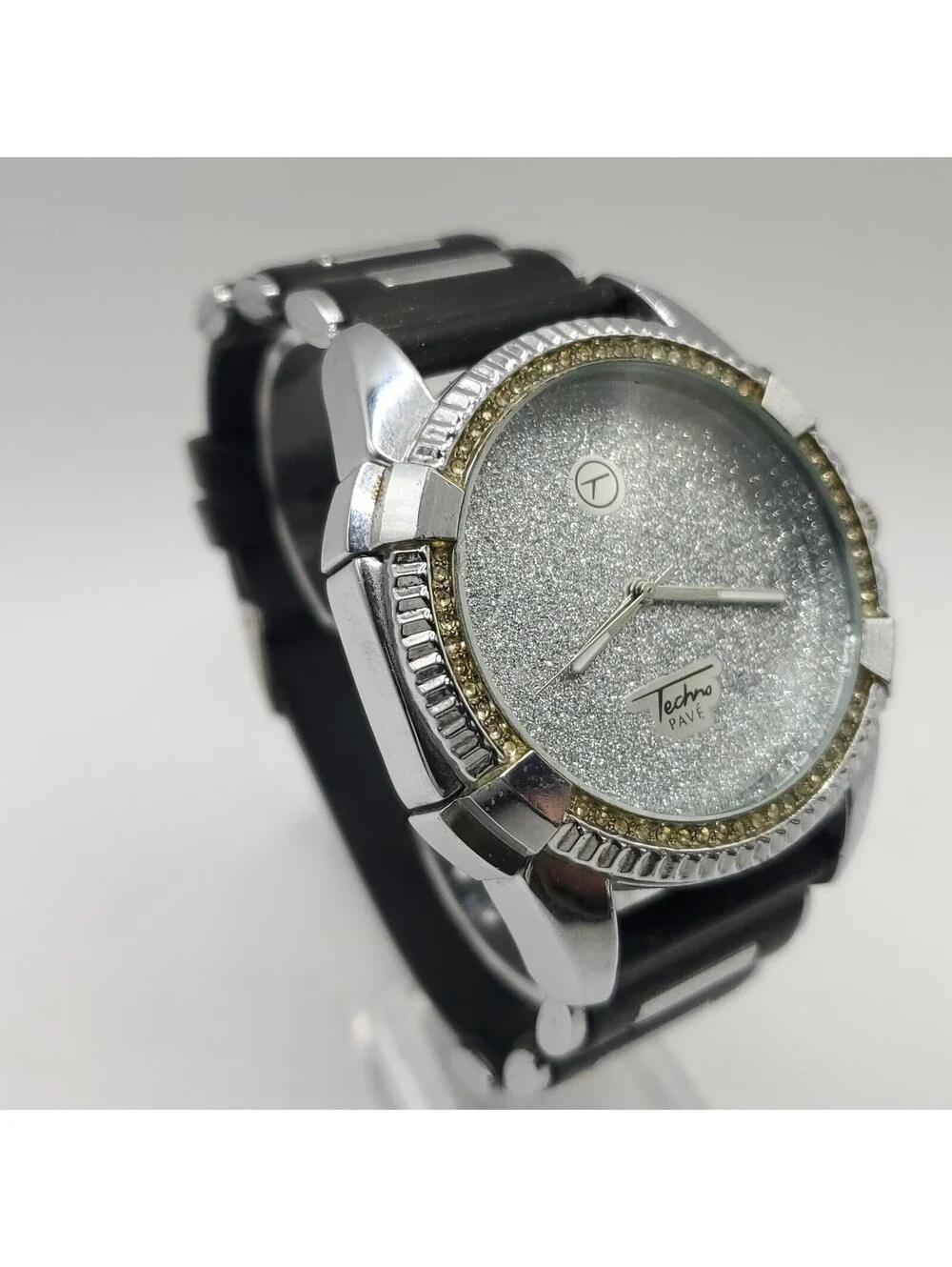 Techno Pave Mens Watch Silver Dial 45mm New Battery